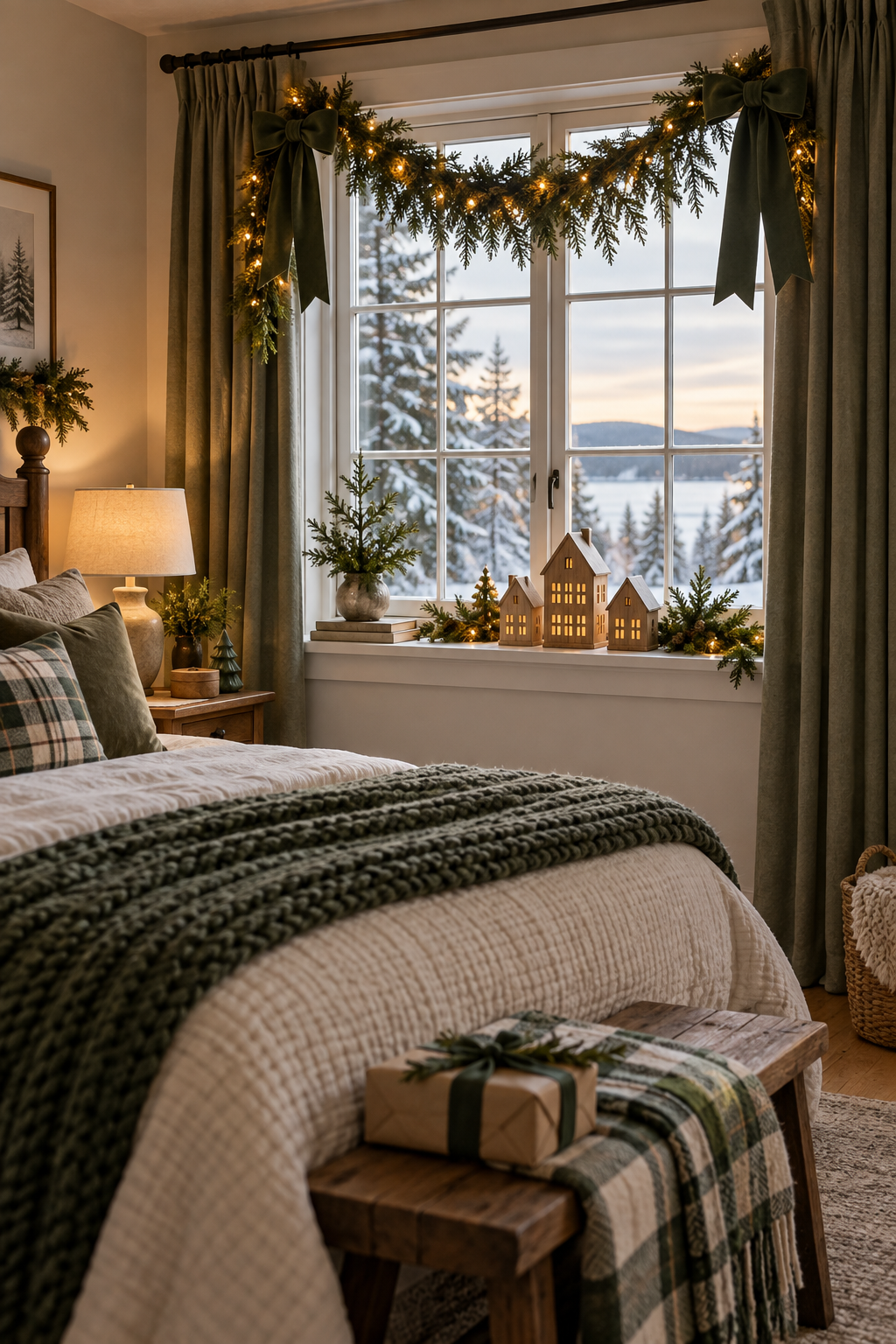 Christmas bedroom window with simple green garland, fabric bow and uncluttered sill