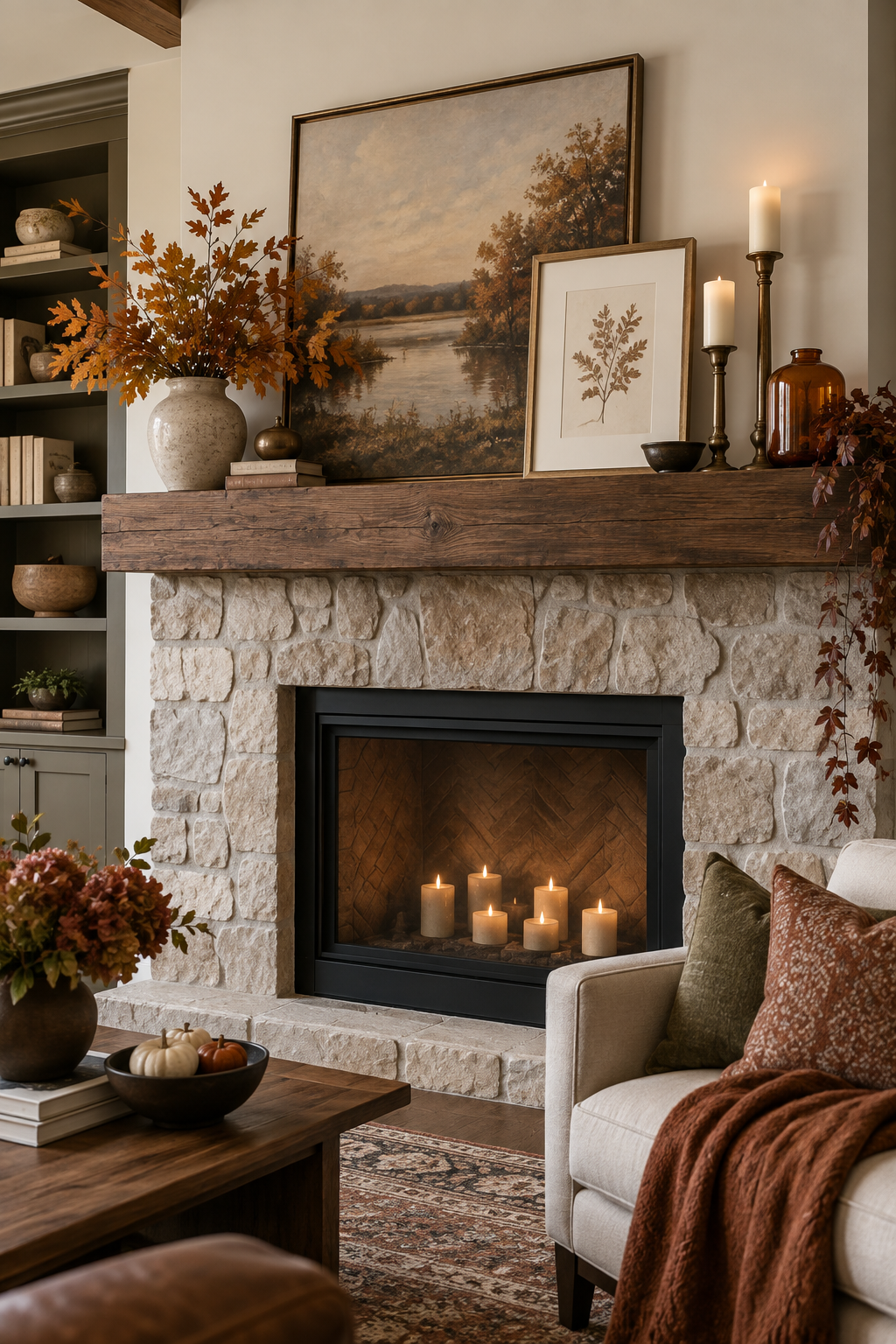 Layered framed artwork on a fall mantel