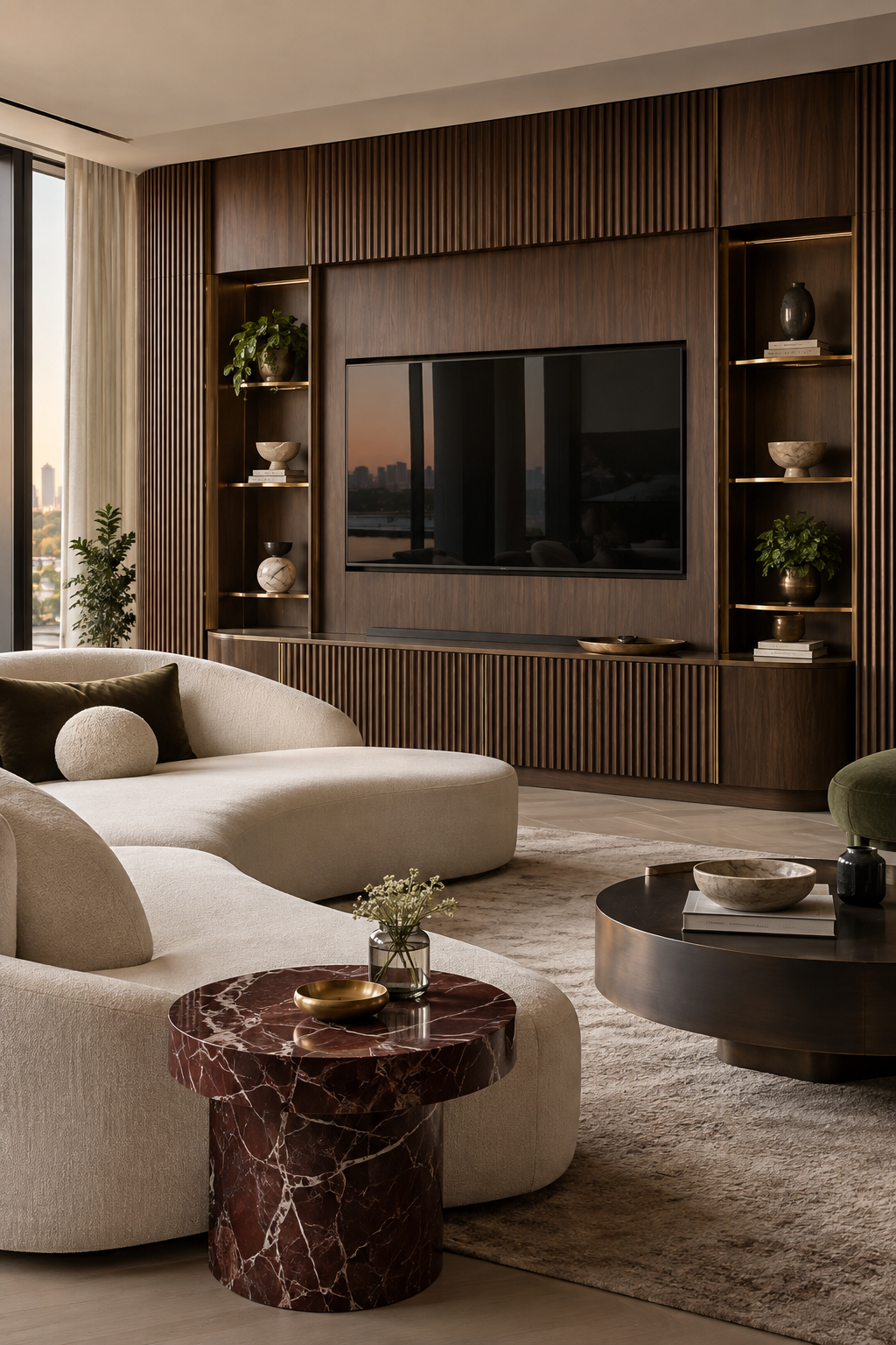 Neo Deco media wall with fluted walnut cabinetry, brass shelves and curved cream seating