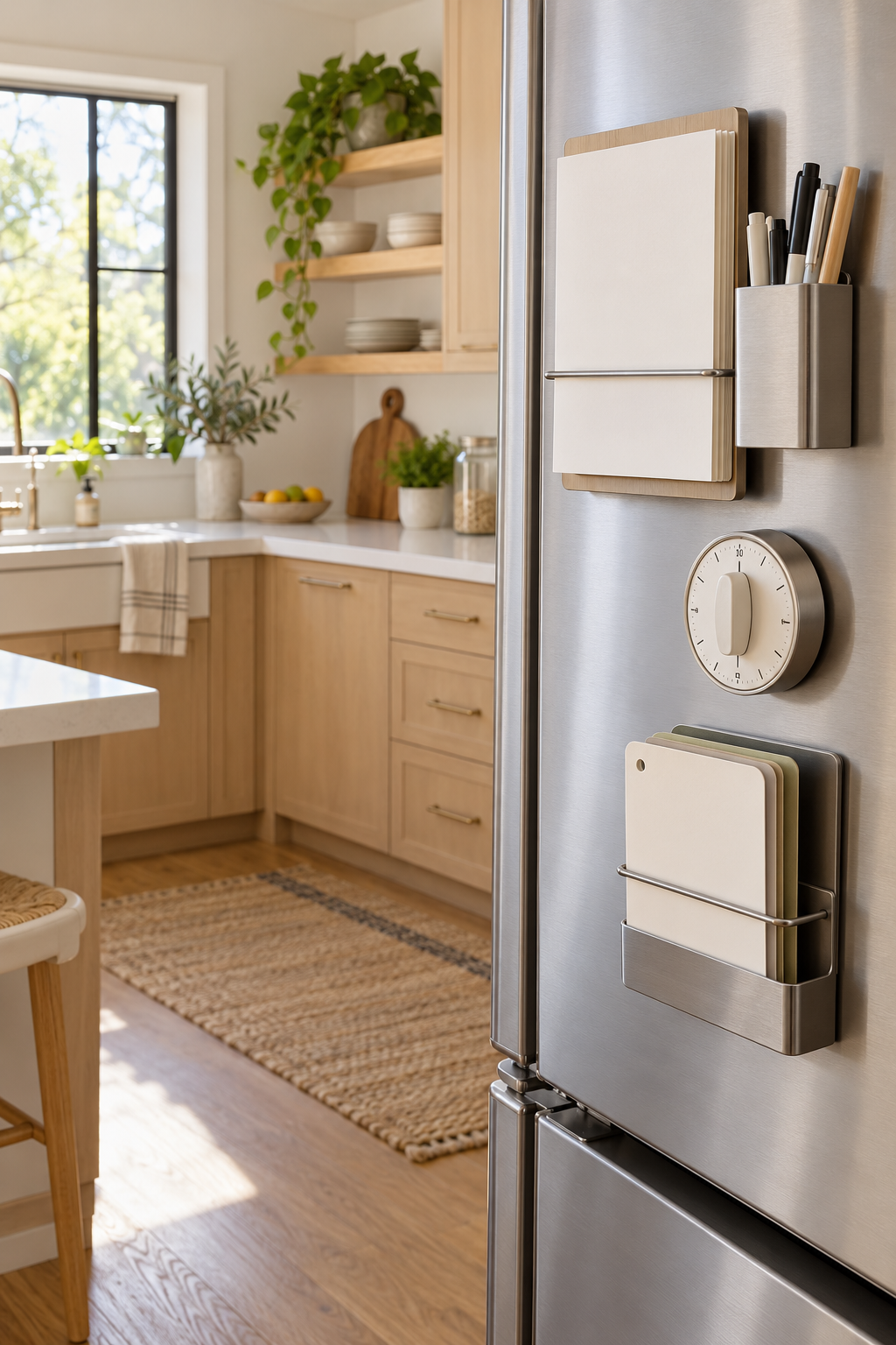 Use Magnetic Storage on the Fridge Exterior in a clean organized refrigerator