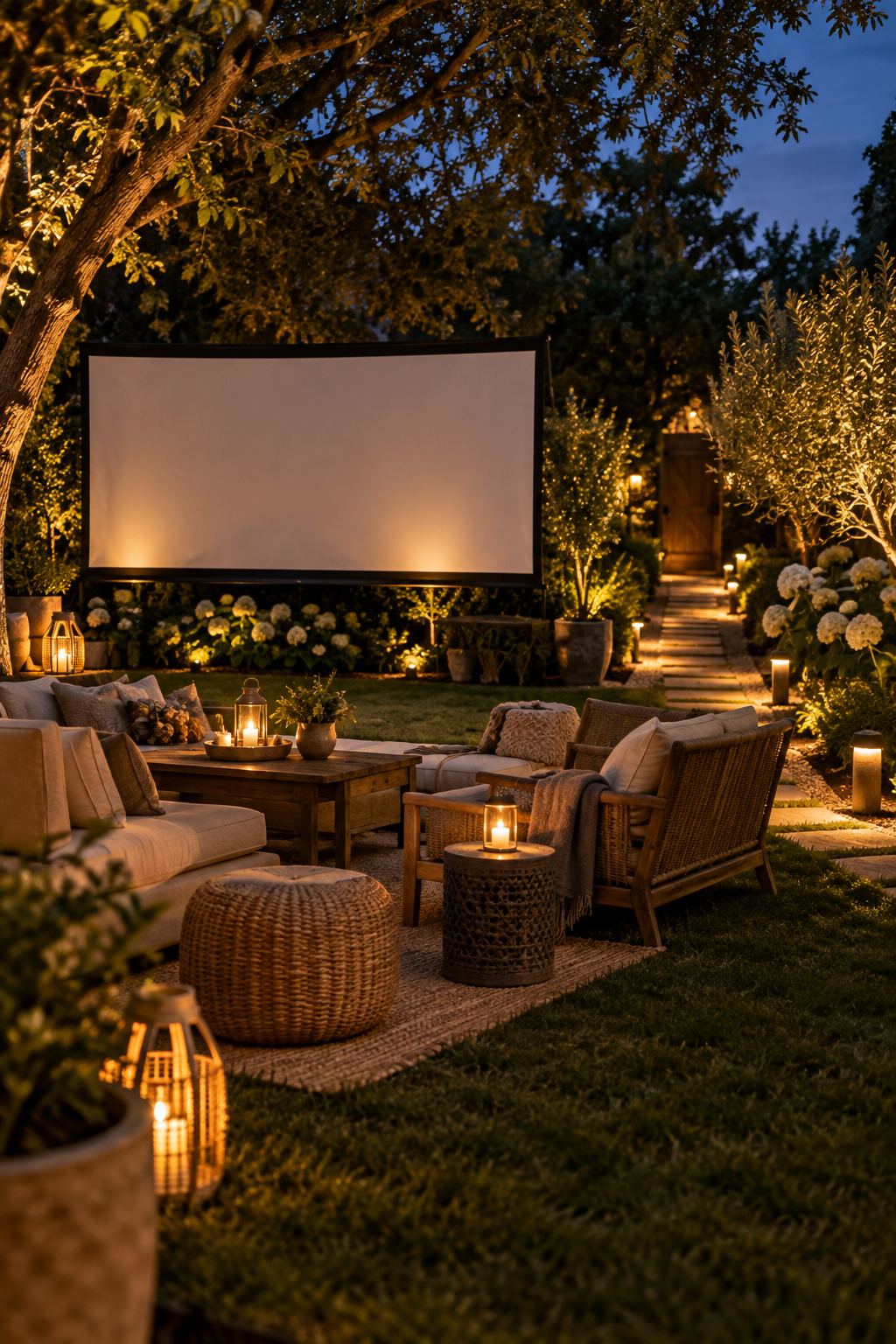 Use Warm Lighting after the Credits for a magical garden movie night