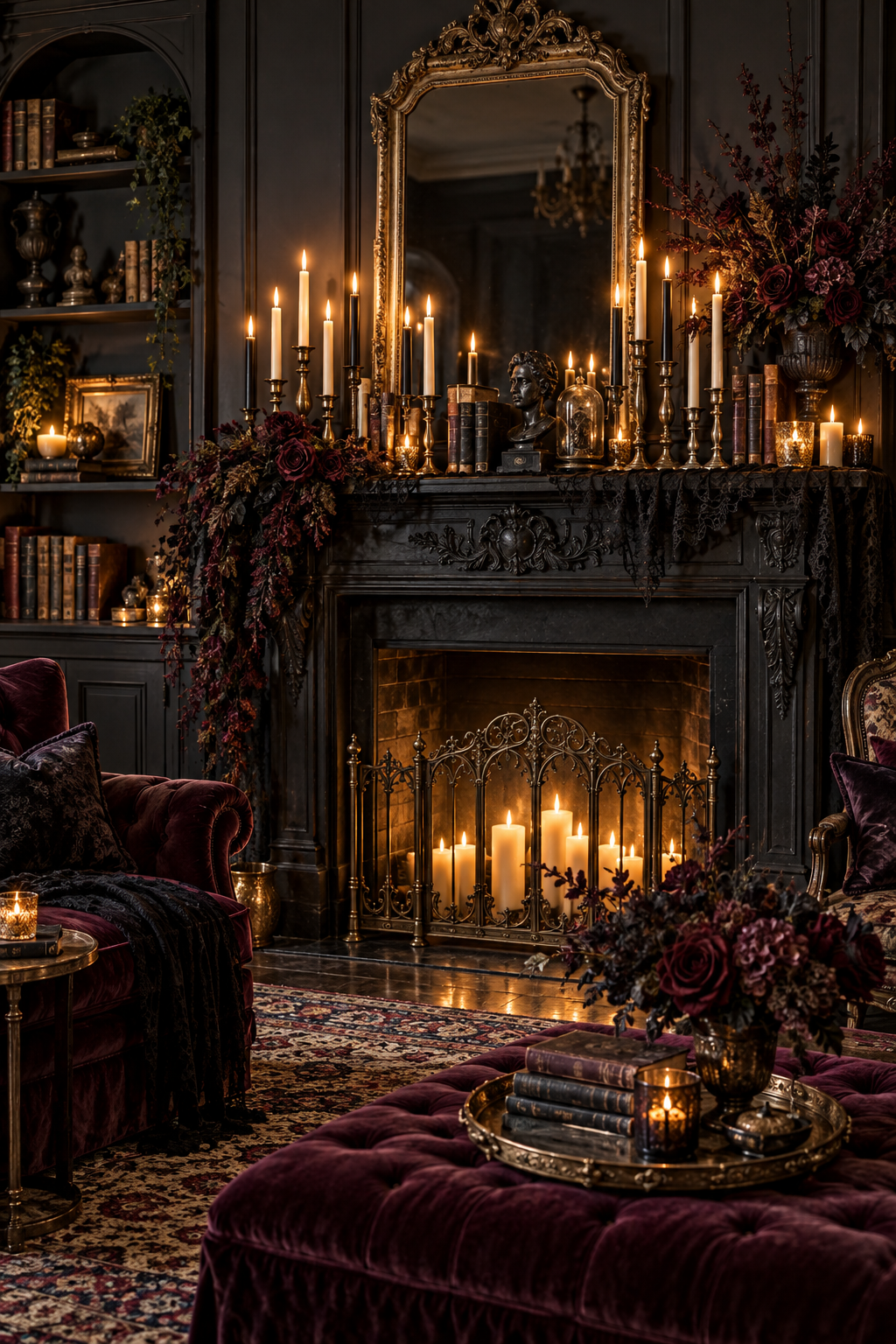 Finish with Flickering Candlelight styled as gothic Victorian Halloween mantel ideas