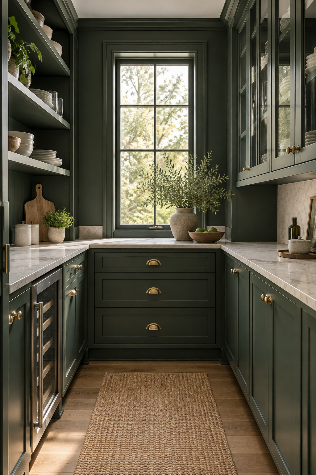 Use Dark Green for a Compact Butler Pantry