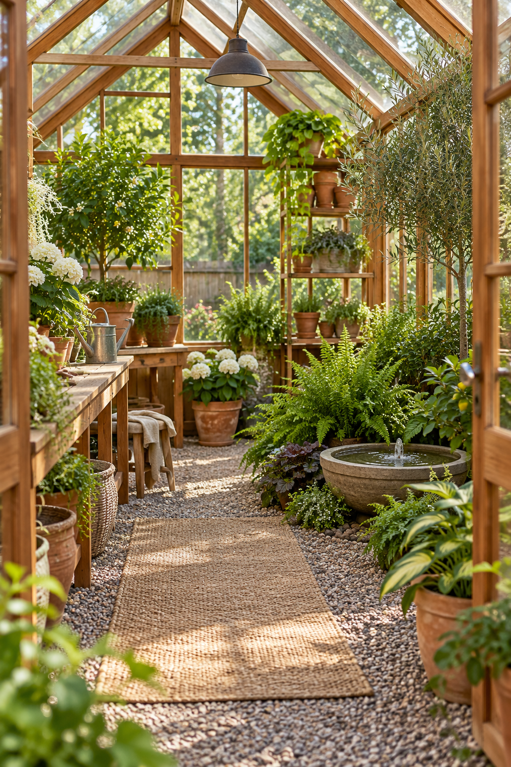 Add a Small Fountain Bowl inside a beautiful garden greenhouse