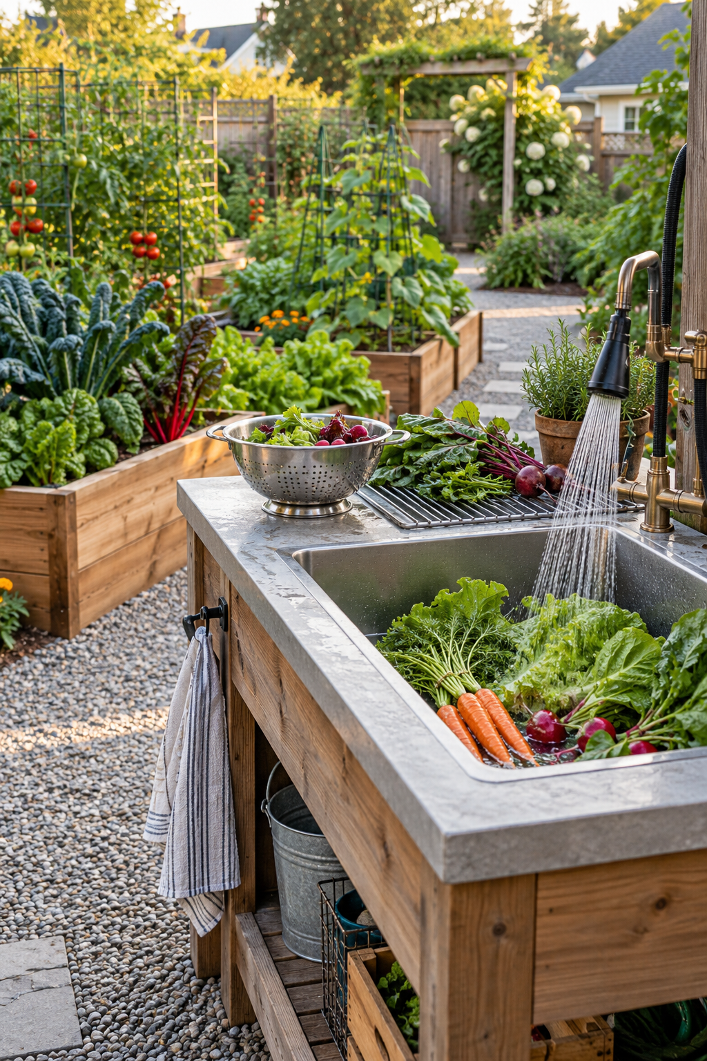 Add a Harvest Washing Station in a small backyard garden