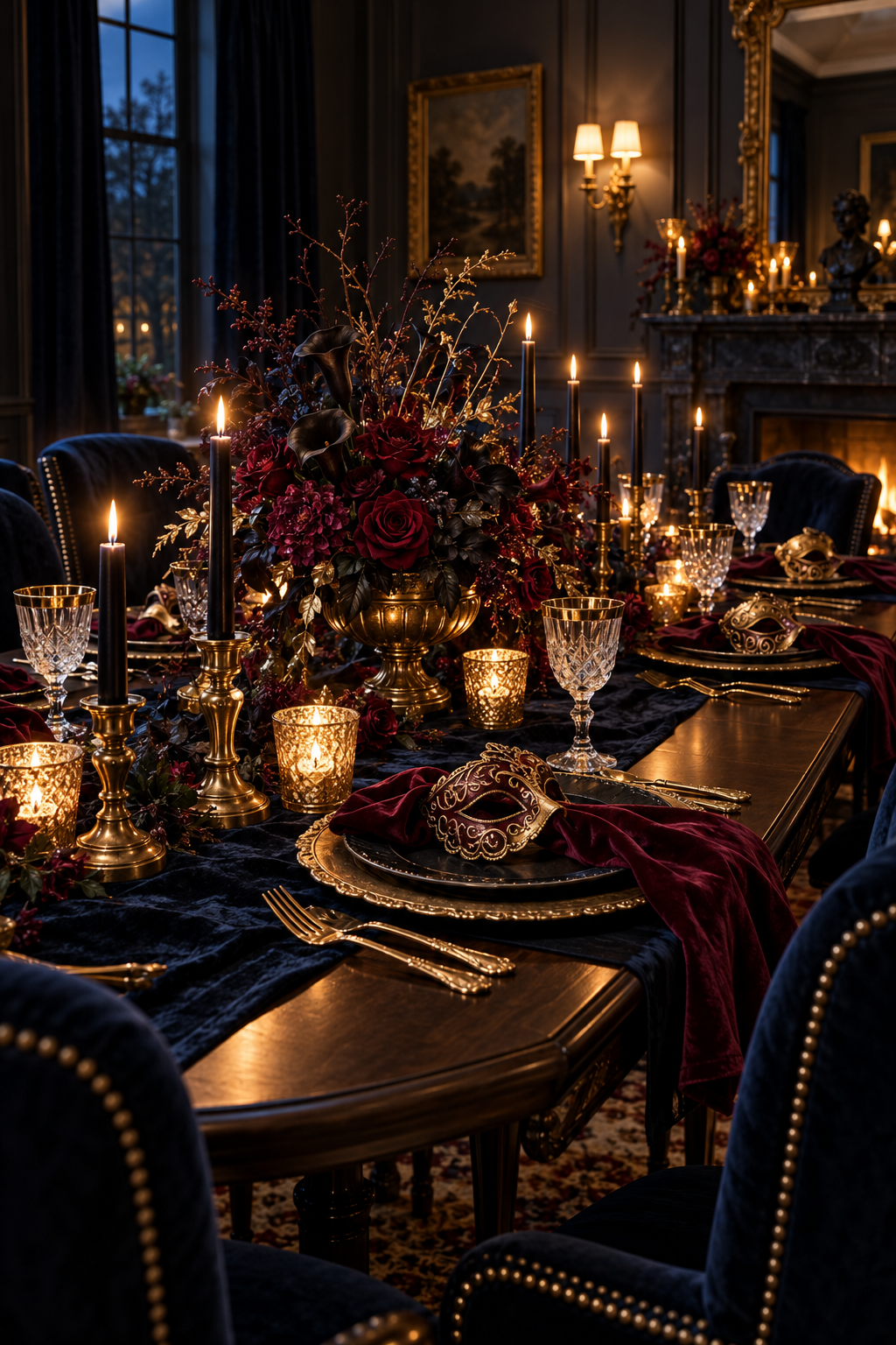 Keep the Lighting Low and Flattering styled as Halloween masquerade tablescape ideas