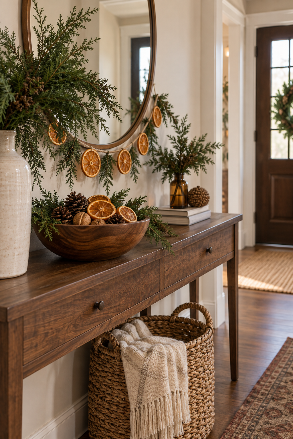 Wood bowl with dried oranges, walnuts and pinecones in a Christmas entryway