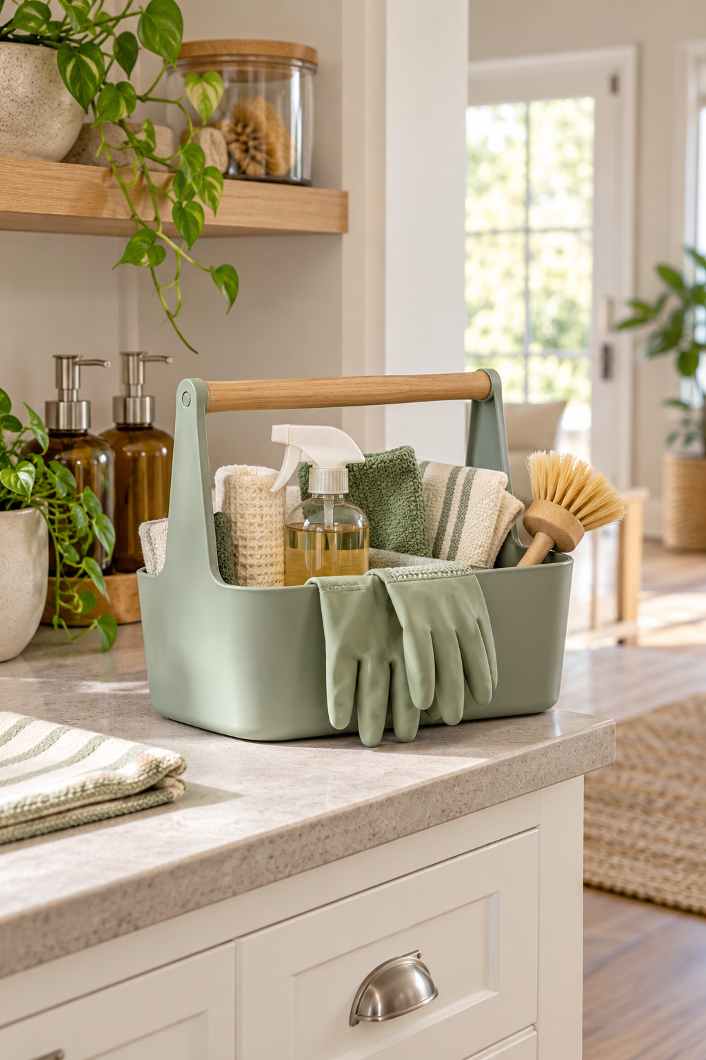 Create a Weekly Cleaning Basket in an organized naturally minded cleaning station
