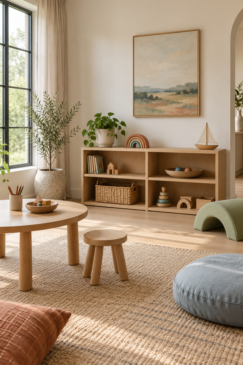 Keep Materials Visible but Limited in a stylish screen-free playroom