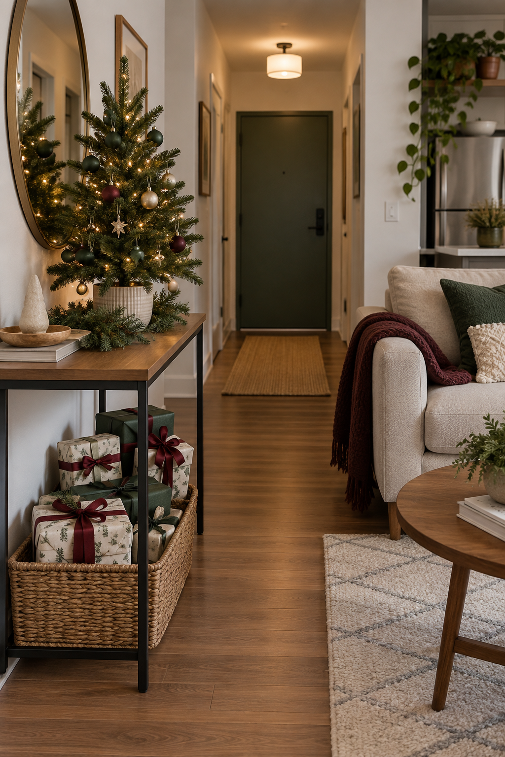 Wrap apartment gifts as coordinated Christmas decor