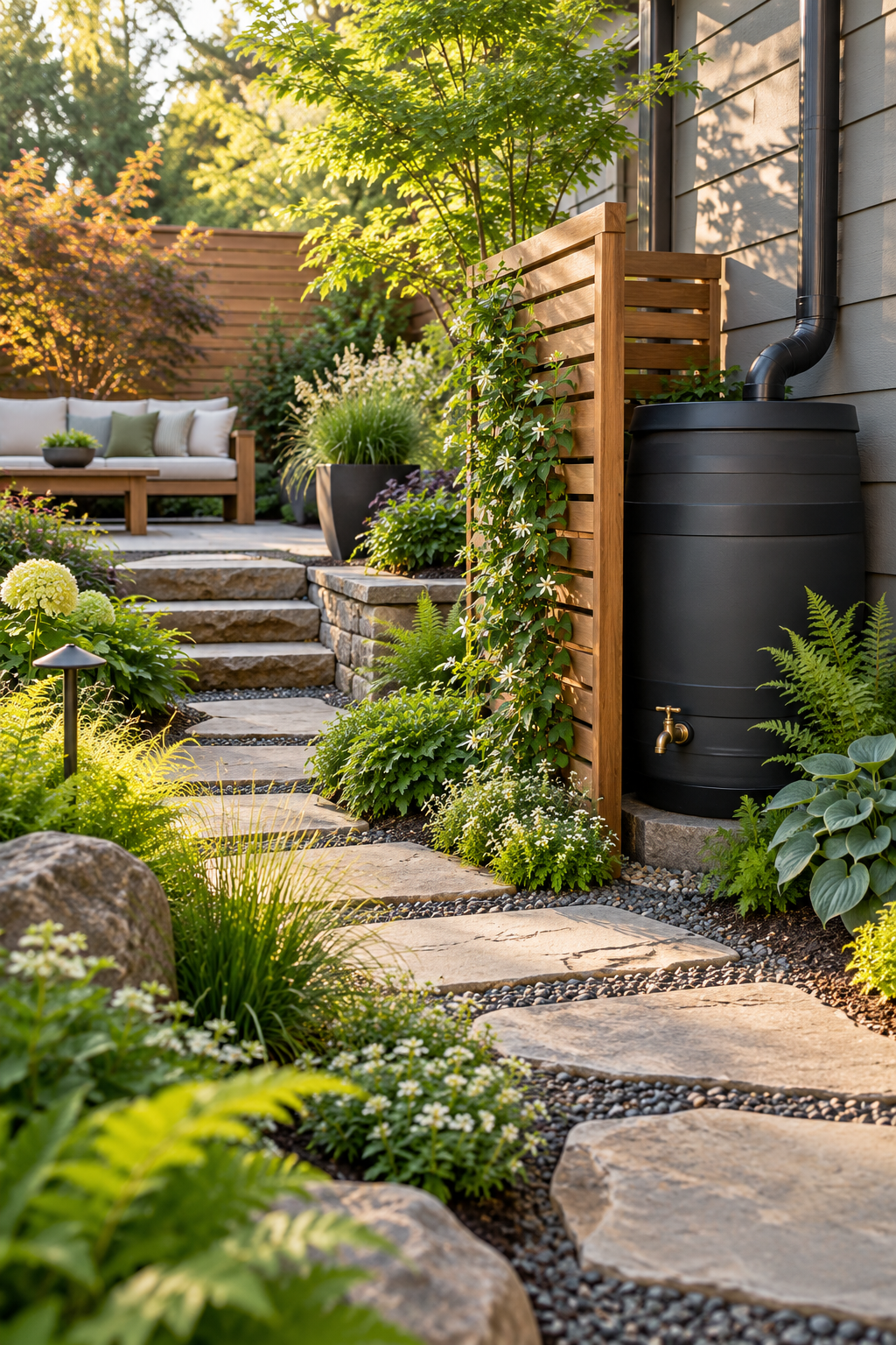 Add a Rain Barrel with a Planted Screen in a small backyard garden