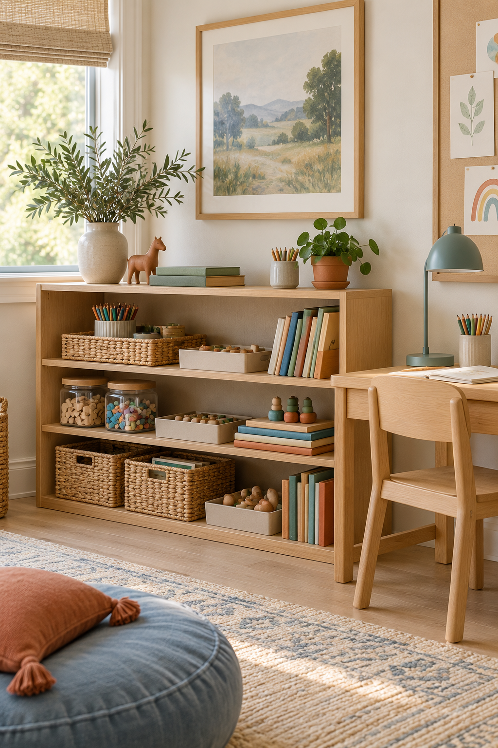 Create a Homework and Quiet-Play Shelf in a stylish organized playroom