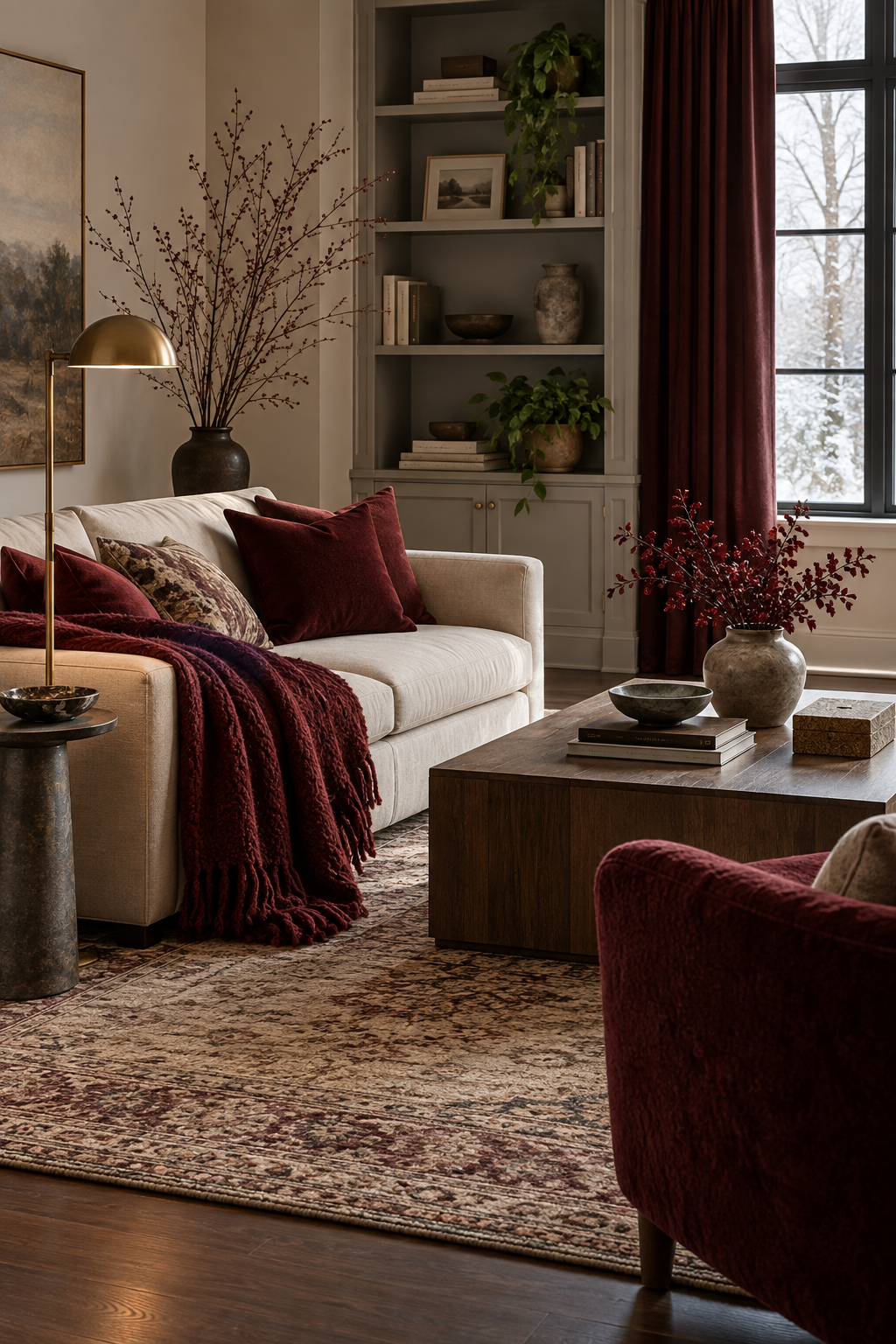 Burgundy Christmas living room transitioning into winter with edited textiles and branches