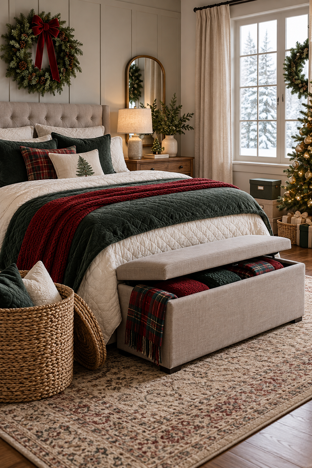 Organized Christmas bedroom with lidded baskets and labeled seasonal storage boxes