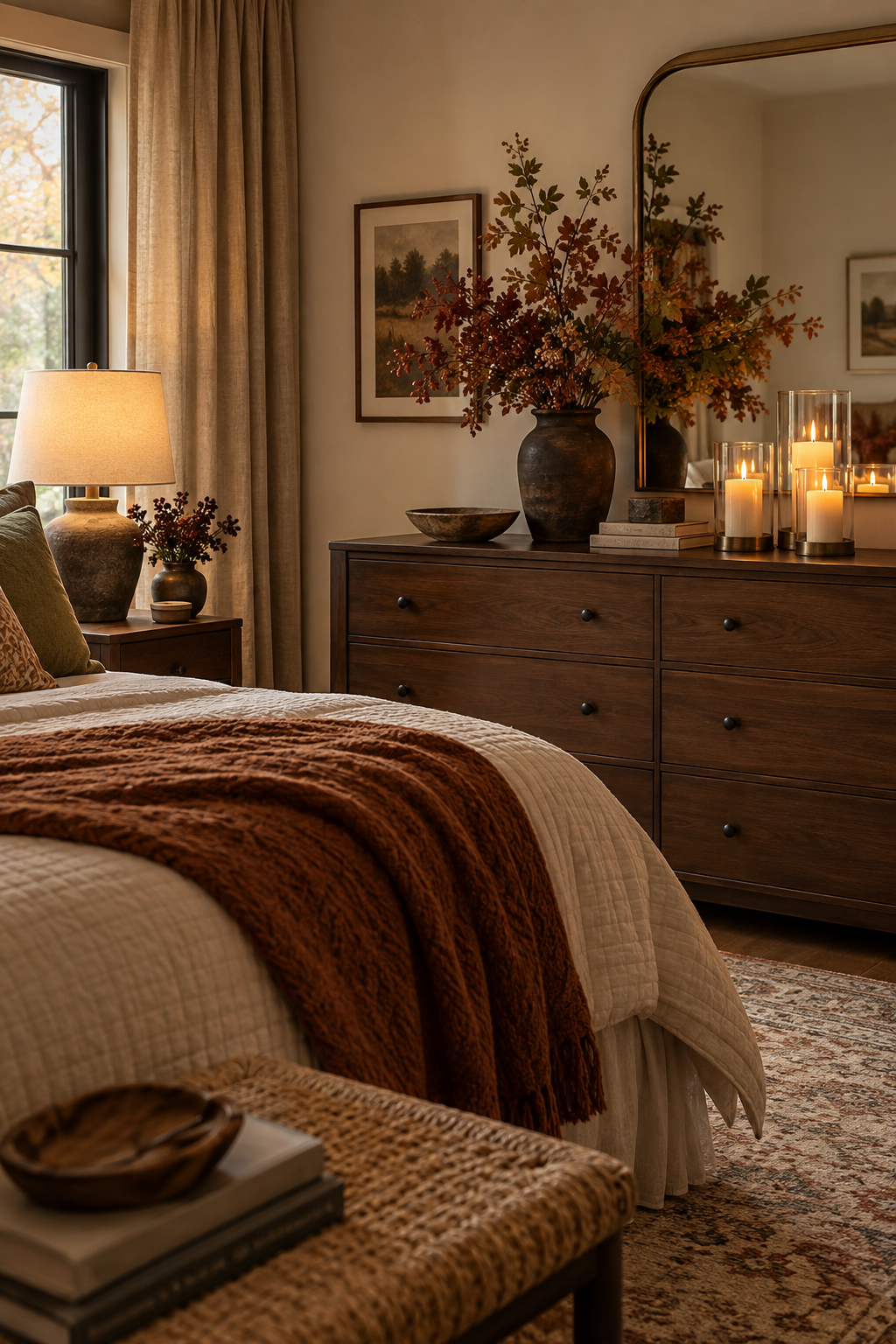 Safe LED candle glow in fall bedroom