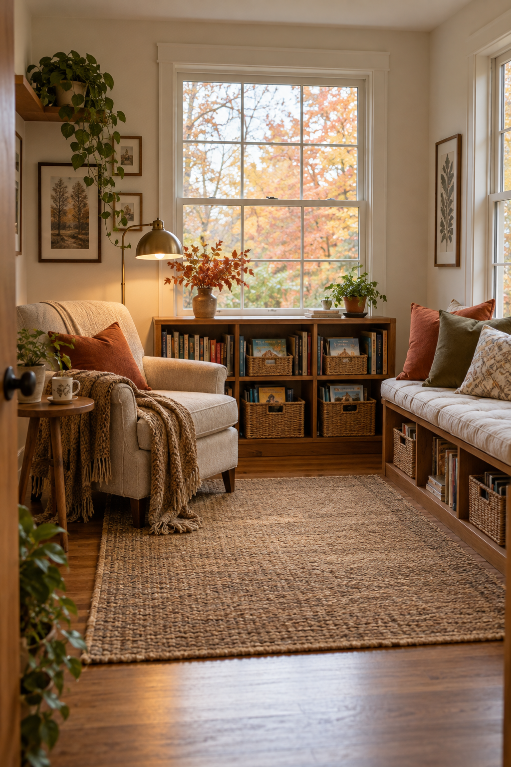Family reading corner with accessible books