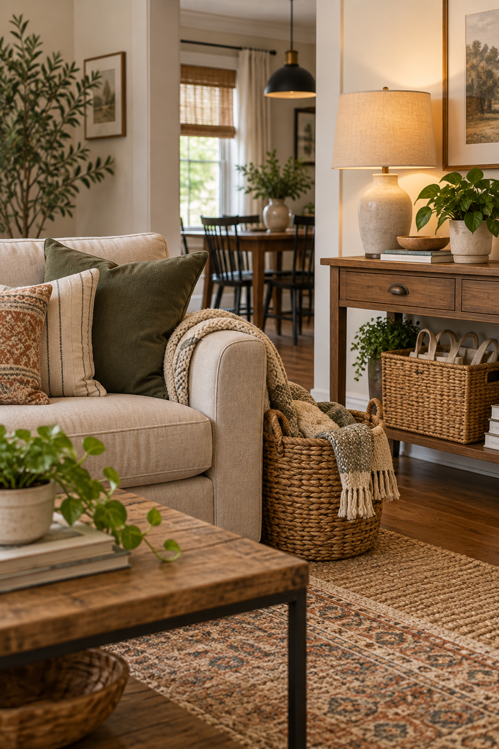 Woven baskets organizing blankets and daily essentials in a starter home