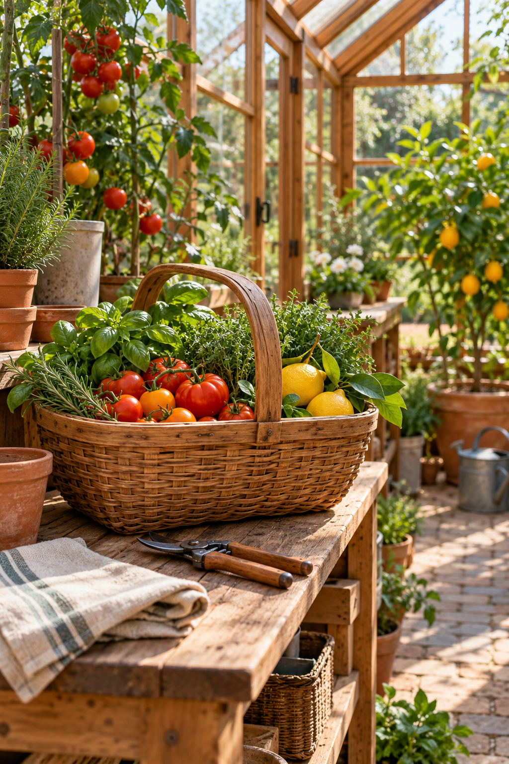 Keep a Beautiful Harvest Basket Ready inside a beautiful garden greenhouse