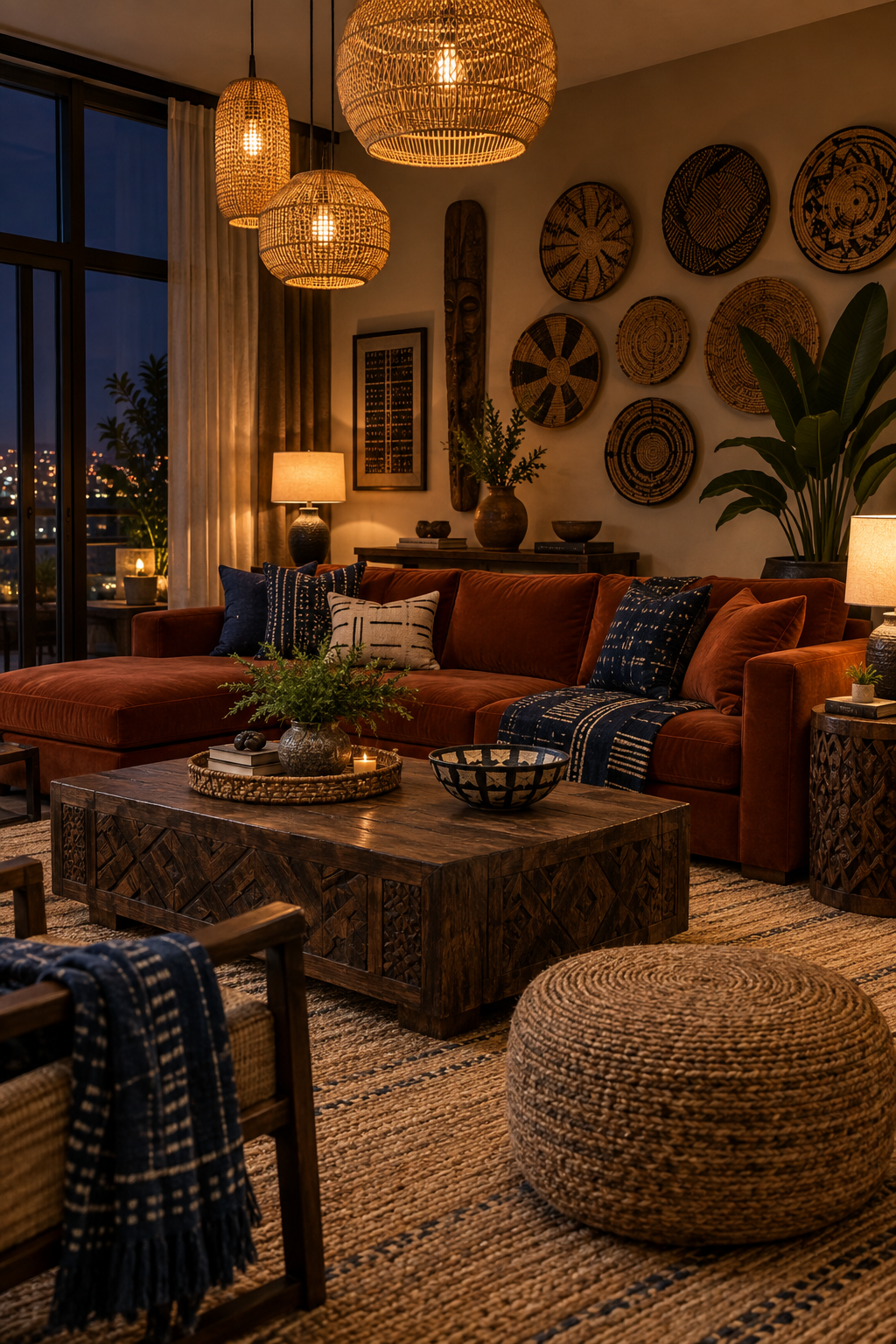 Afrobohemian living room at night with woven pendant lights, warm lamps, rust sofa and indigo textiles