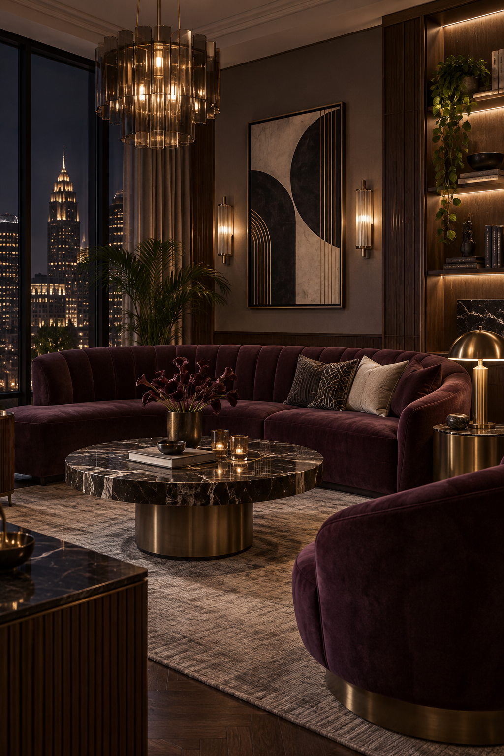 Nighttime Neo Deco lounge with pendant, wall sconces, table lamps and illuminated shelves