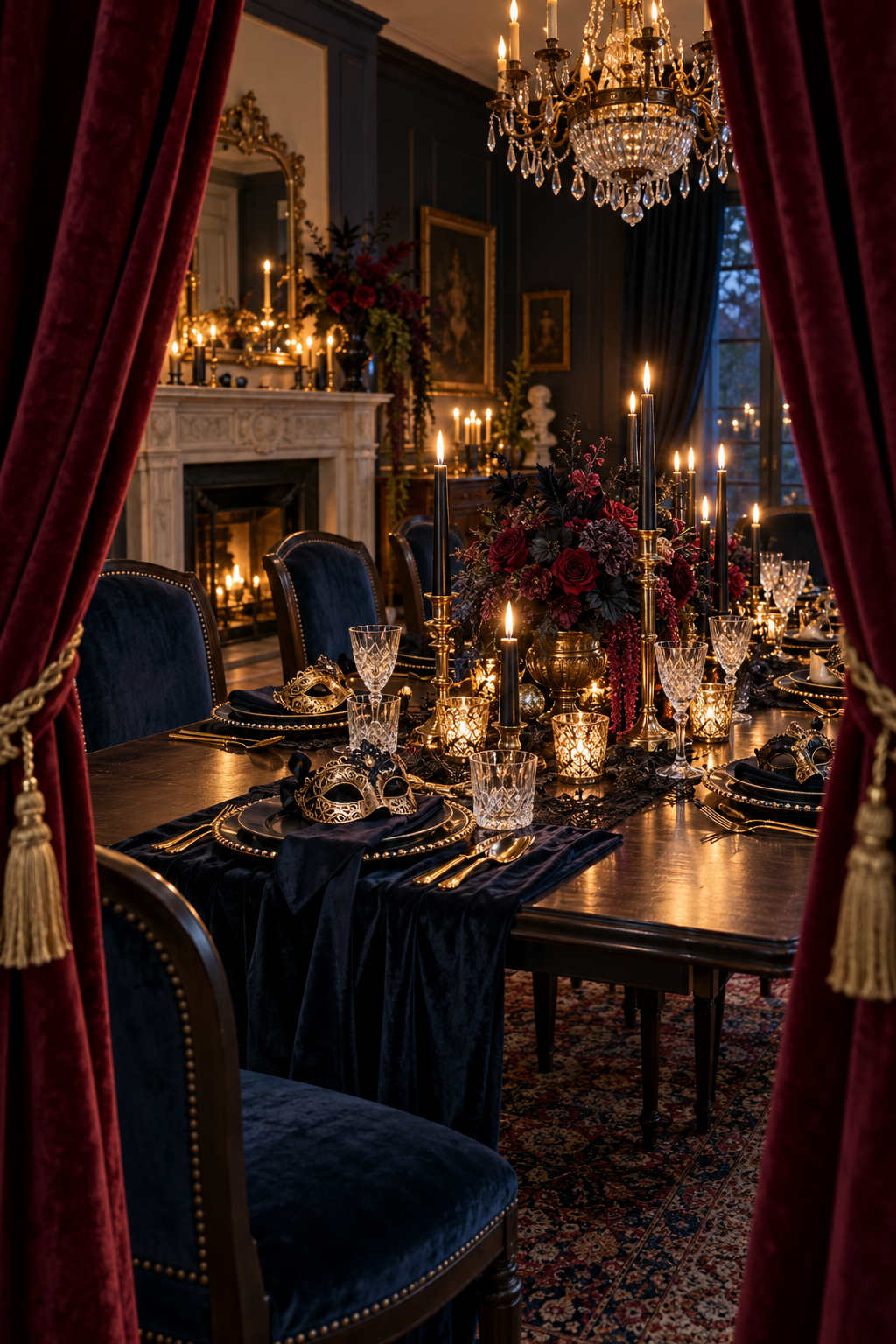Finish with a Theatrical Reveal styled as Halloween masquerade tablescape ideas
