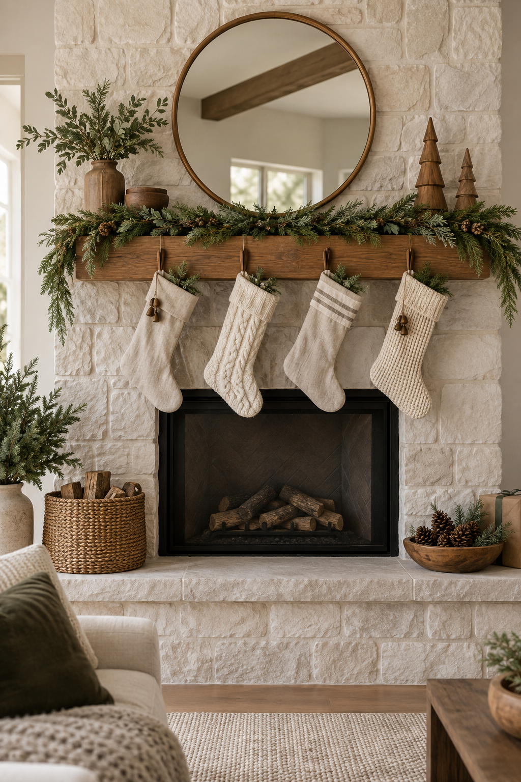 Natural Christmas sideboard with cream stockings, wood hooks and evergreen garland