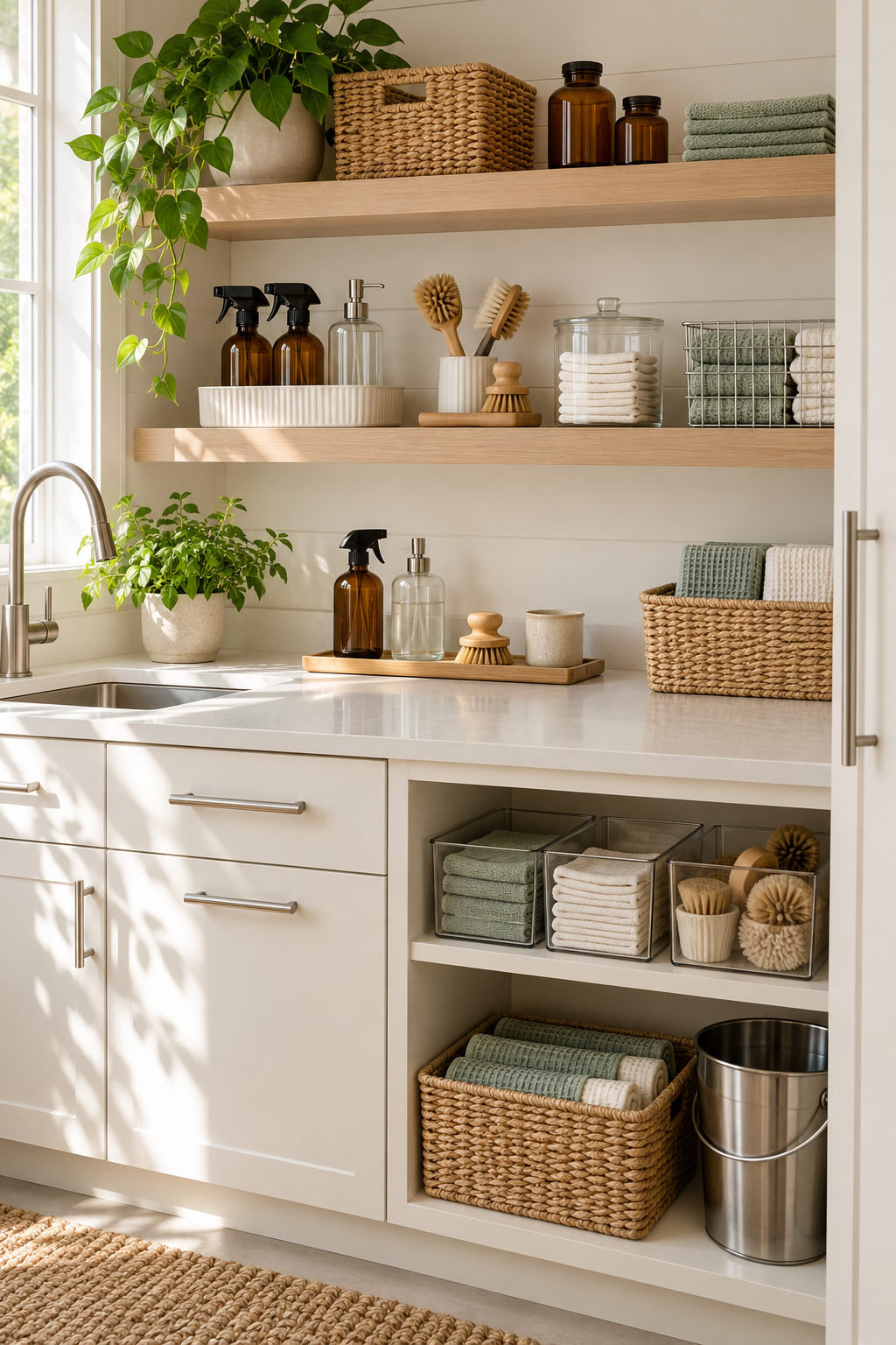 Finish with a Five-Minute Station Reset in an organized naturally minded cleaning station