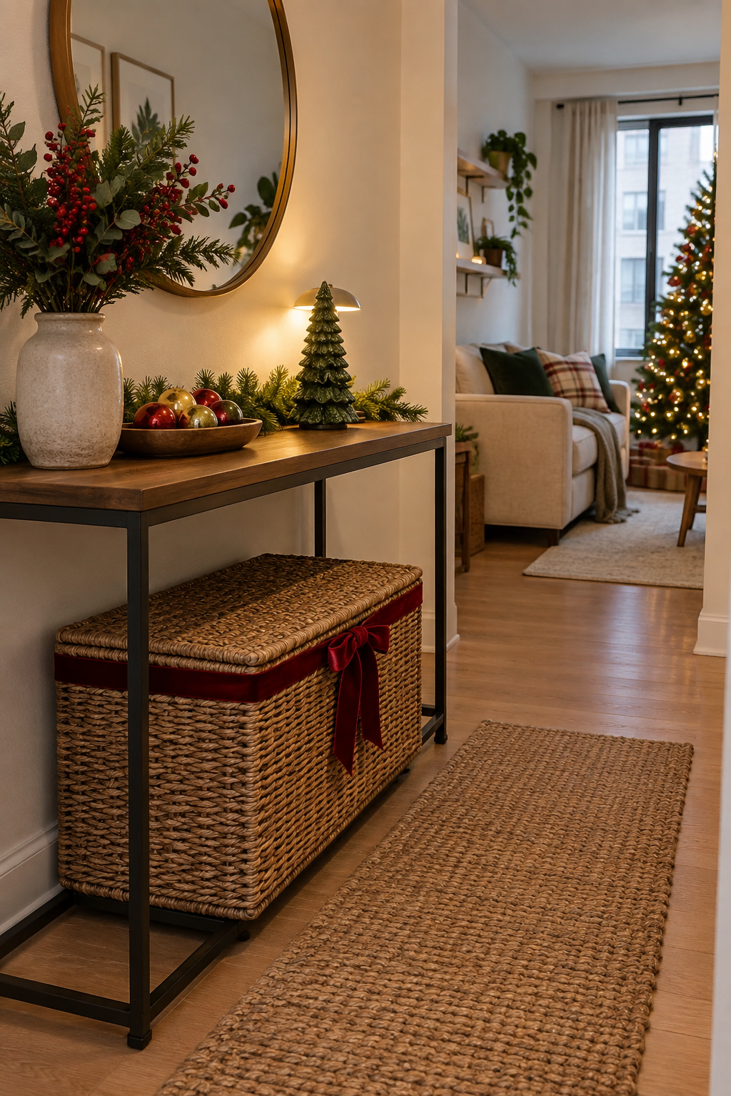 Store Christmas decor in decorative apartment baskets