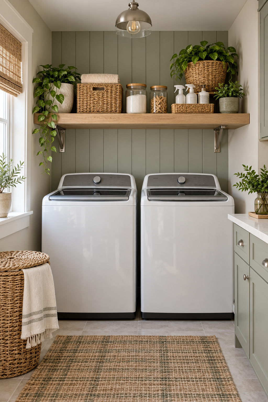 Add a Shelf above Top-Loading Machines in a compact organized laundry room
