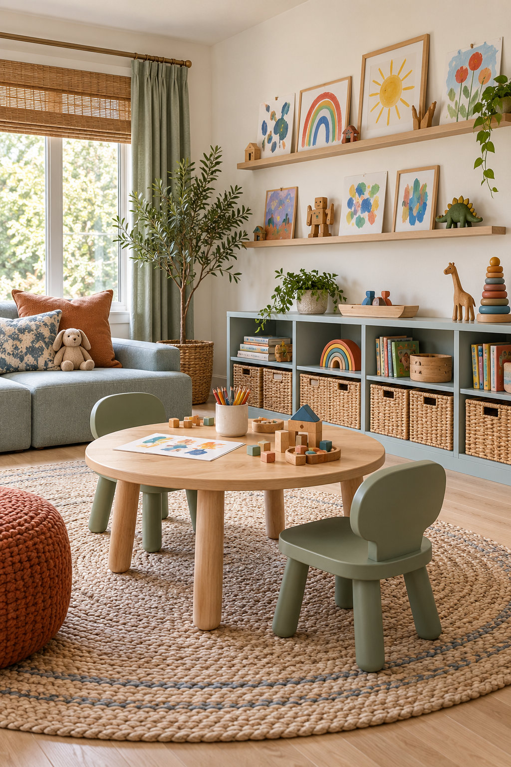 Add a Display Ledge for Current Creations in a stylish organized playroom