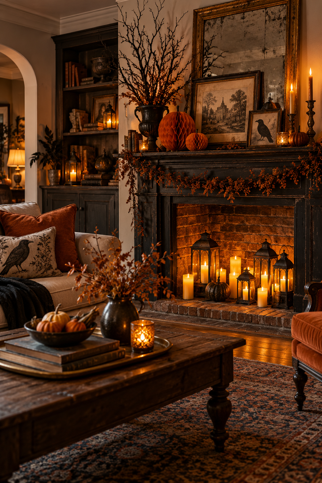 Finish with Warm Flickering Light styled as vintage Halloween decor ideas