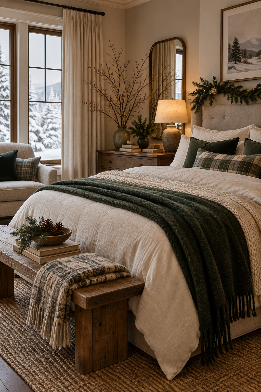 Winter bedroom transitioning from Christmas with greenery, wool textiles and simple branches