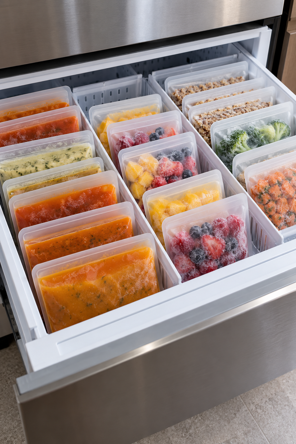 Freeze Ingredients in Flat Portions in a clean organized refrigerator