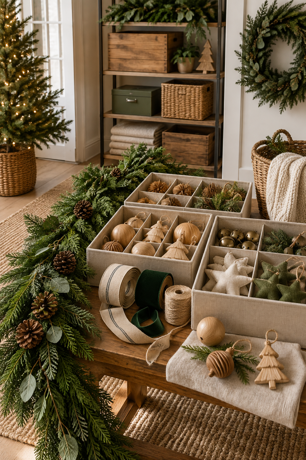 Natural Christmas home with reusable fabric ornaments and labeled storage baskets