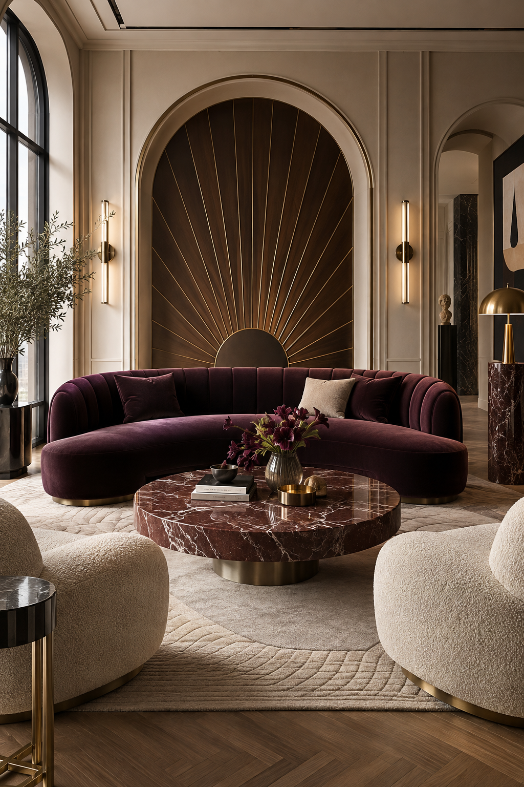 Showstopping Neo Deco salon with a plum sofa, fan-arch wall, cream chairs and red marble table