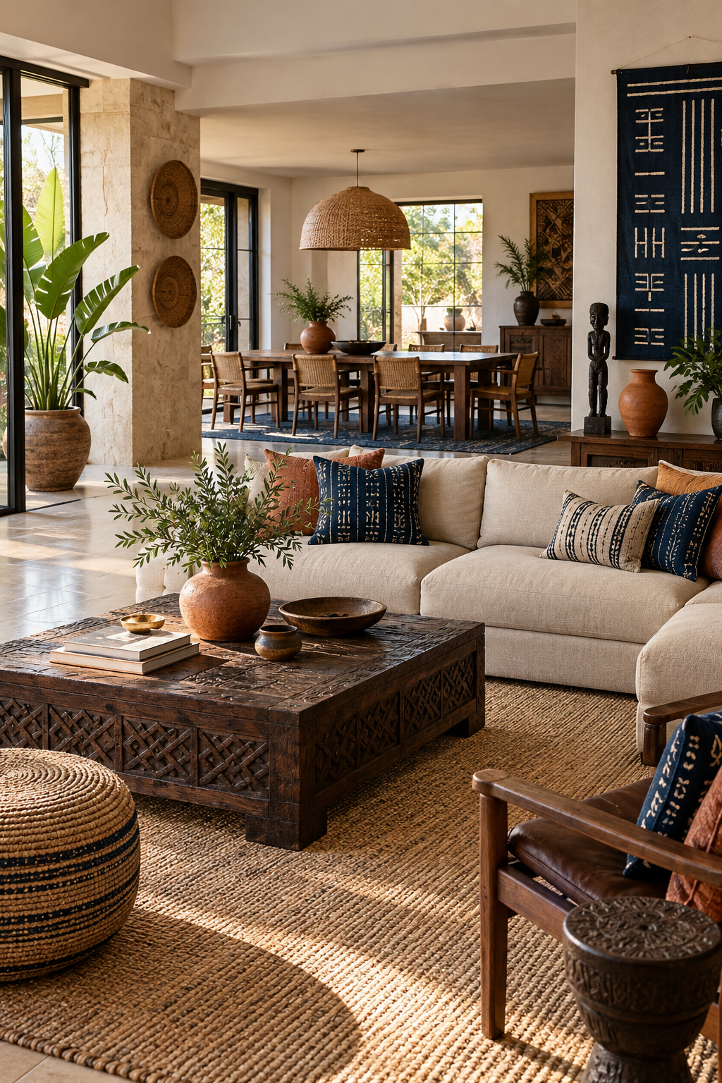 Open plan Afrobohemian living and dining room with repeated indigo, terracotta and carved wood