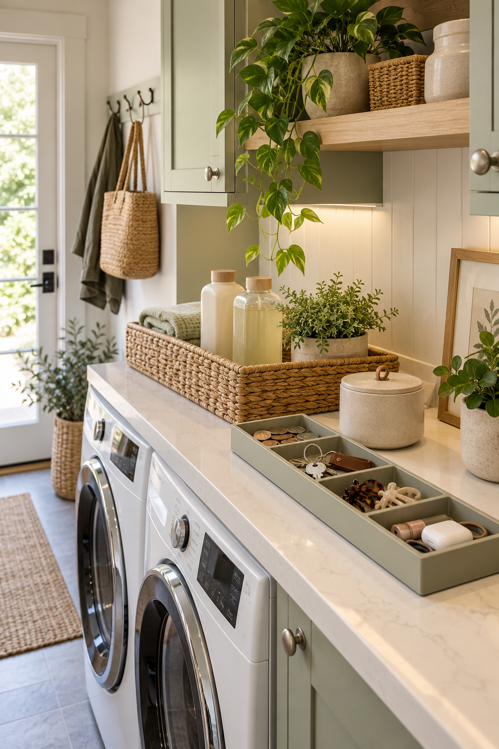 Create a Drop Zone for Empty Pockets in a compact organized laundry room