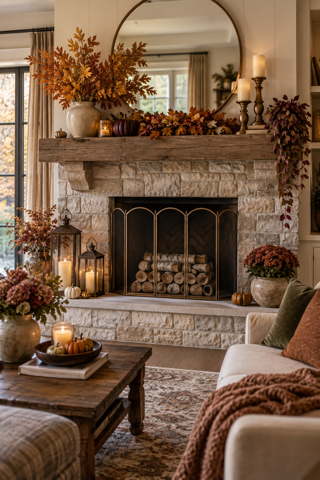 Fall decor inside a nonworking fireplace