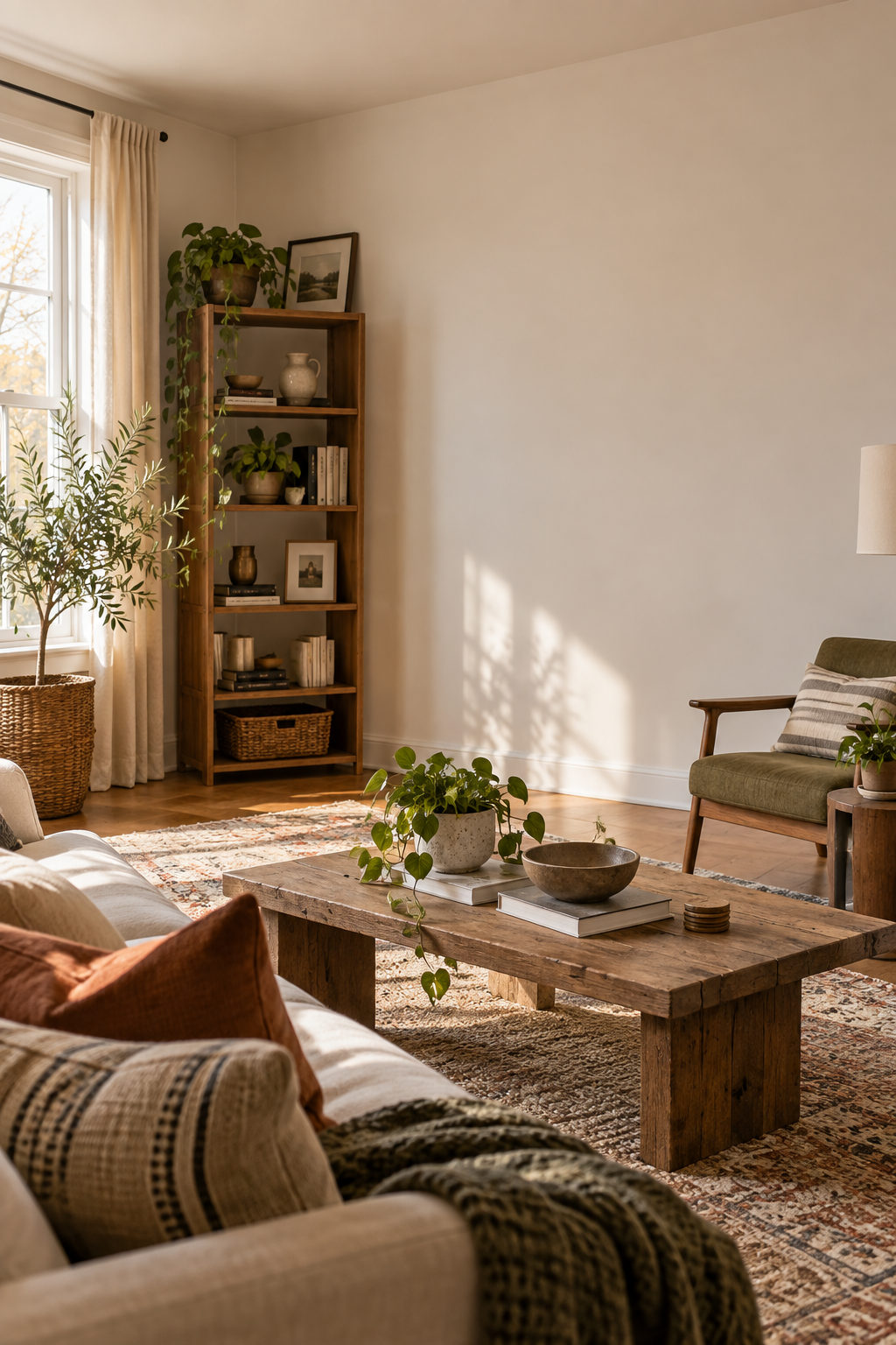 A calm first home with an intentionally unfinished collected atmosphere