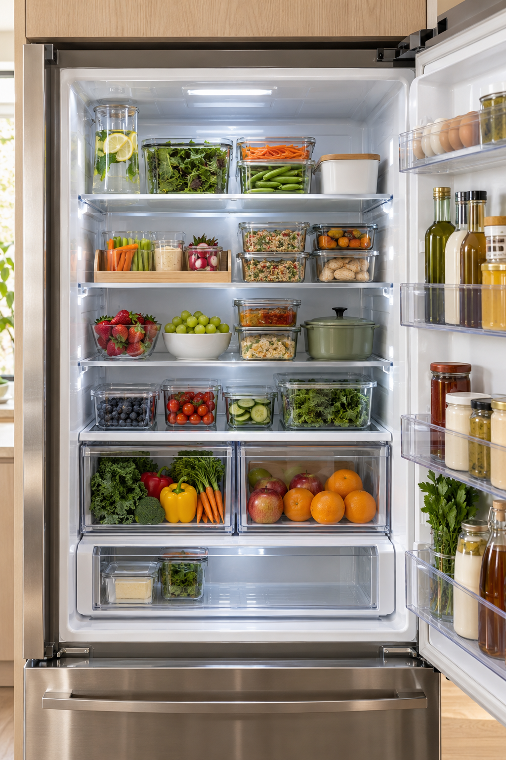 Finish with a Five-Minute Weekly Reset in a clean organized refrigerator