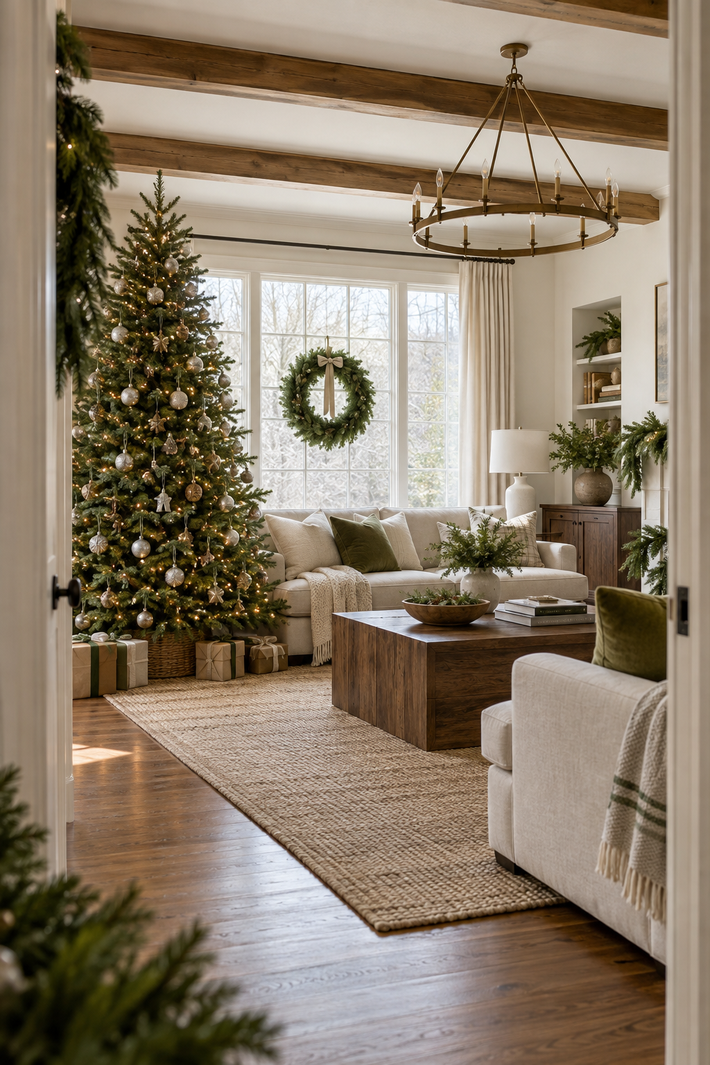 Finished natural Christmas living room edited for balance with greenery and warm wood