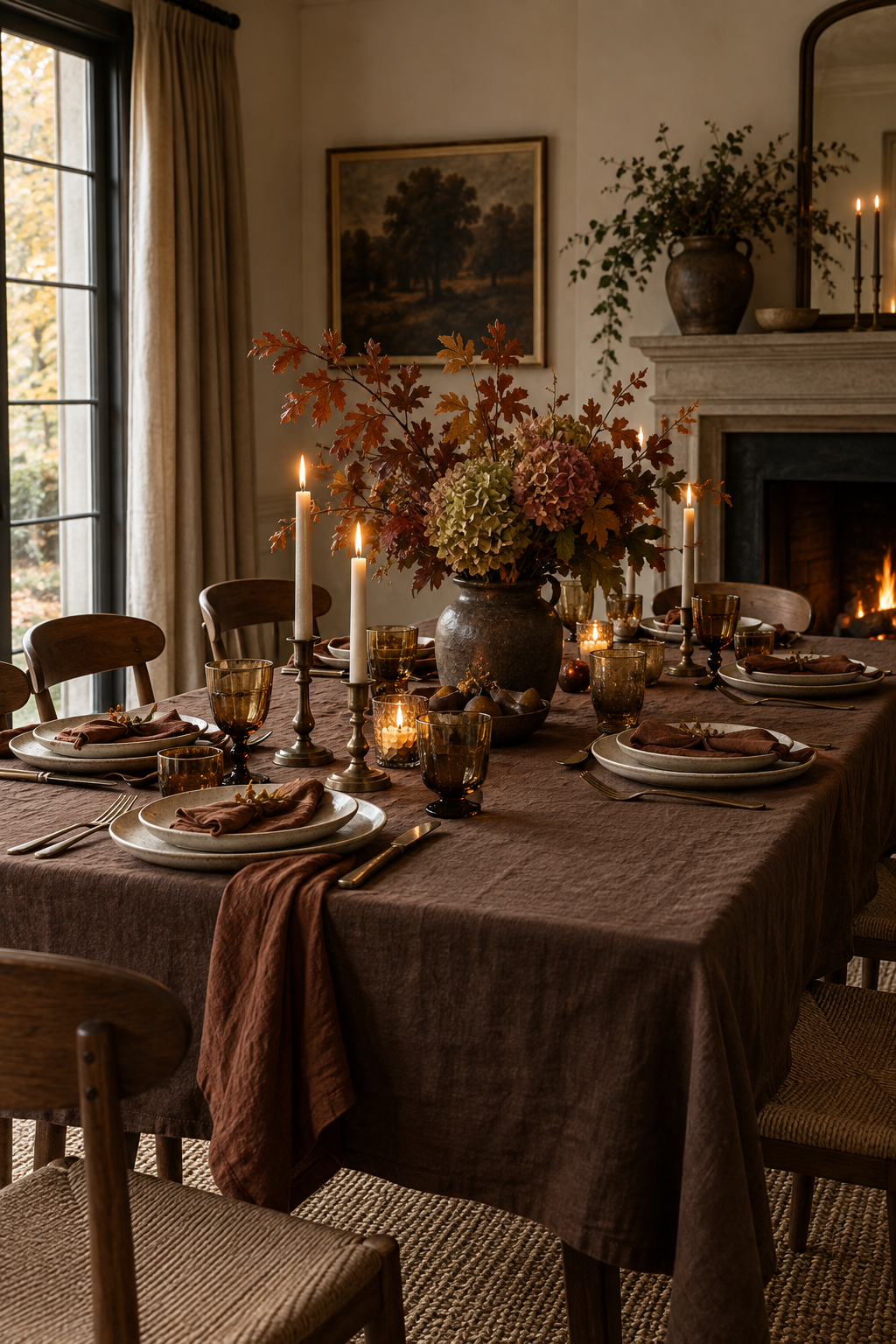 Moody candlelit autumn dinner table