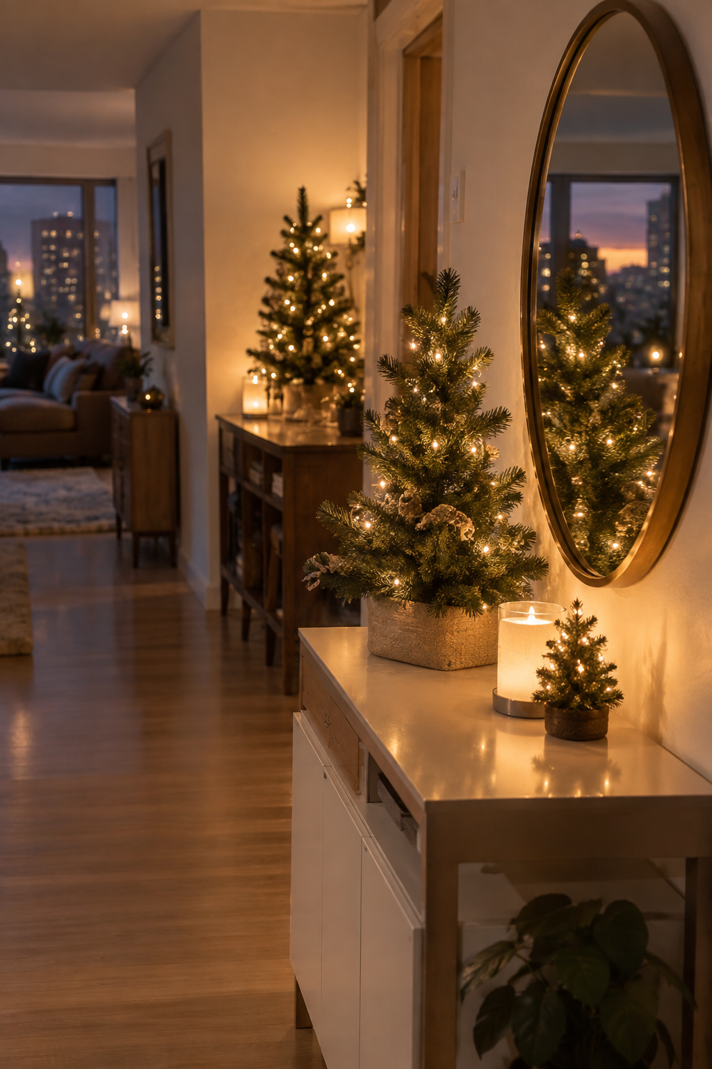 Use mirrors to reflect Christmas lights in an apartment