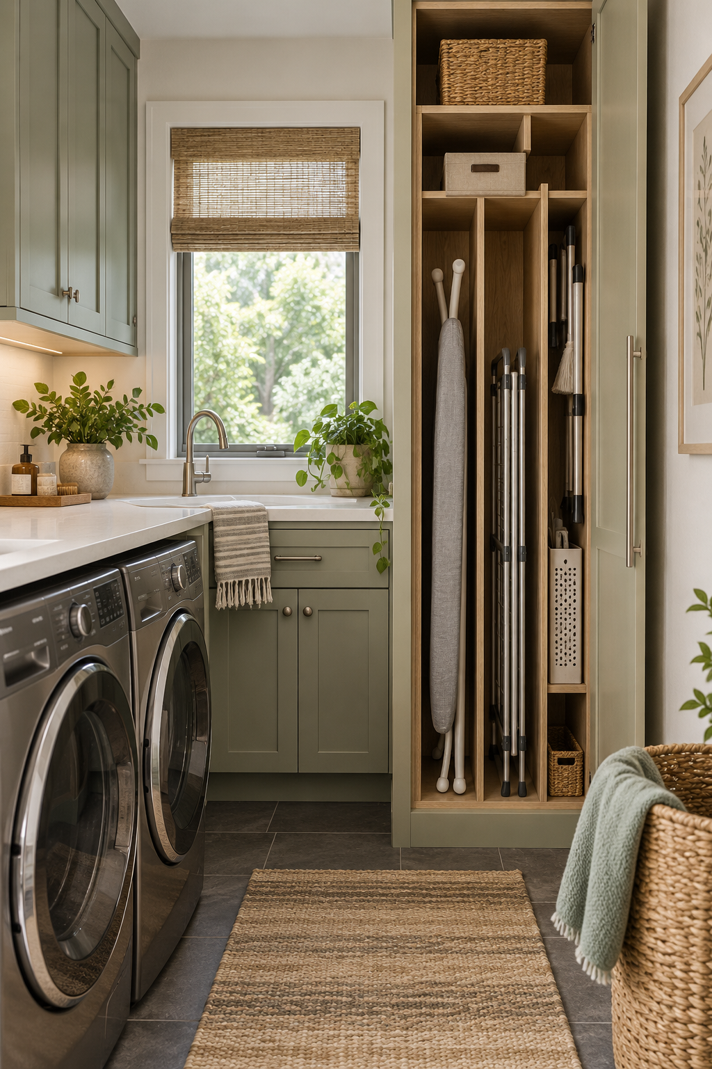 Use Vertical Dividers for Boards and Racks in a compact organized laundry room