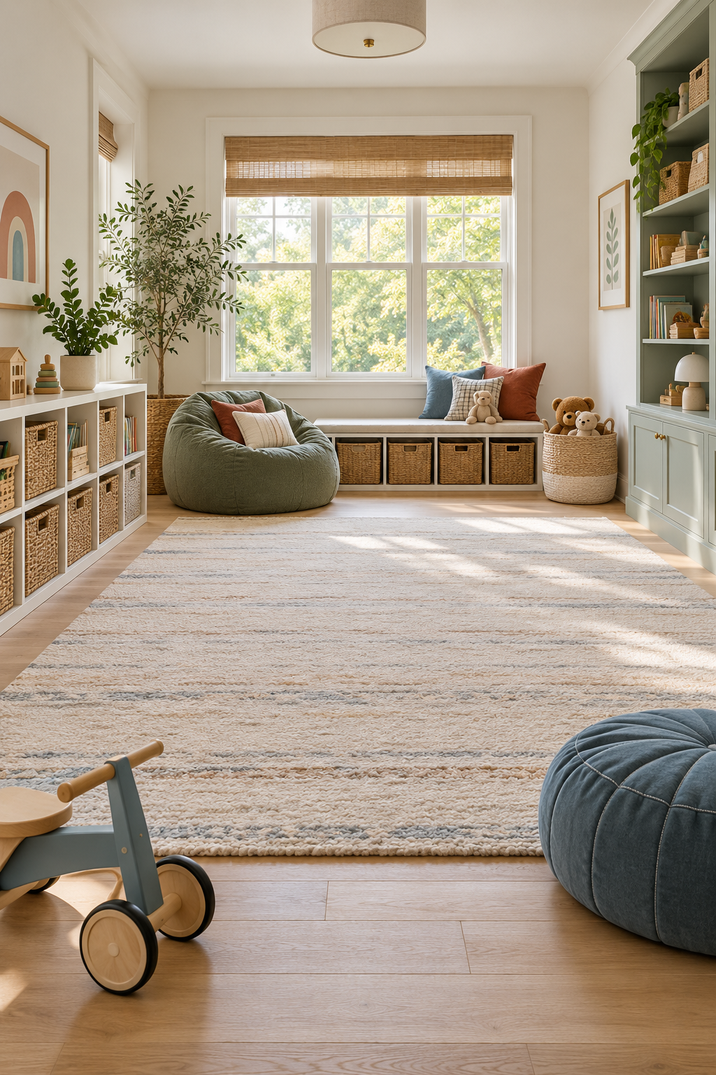 Leave Open Floor Space for Imaginative Play in a stylish organized playroom