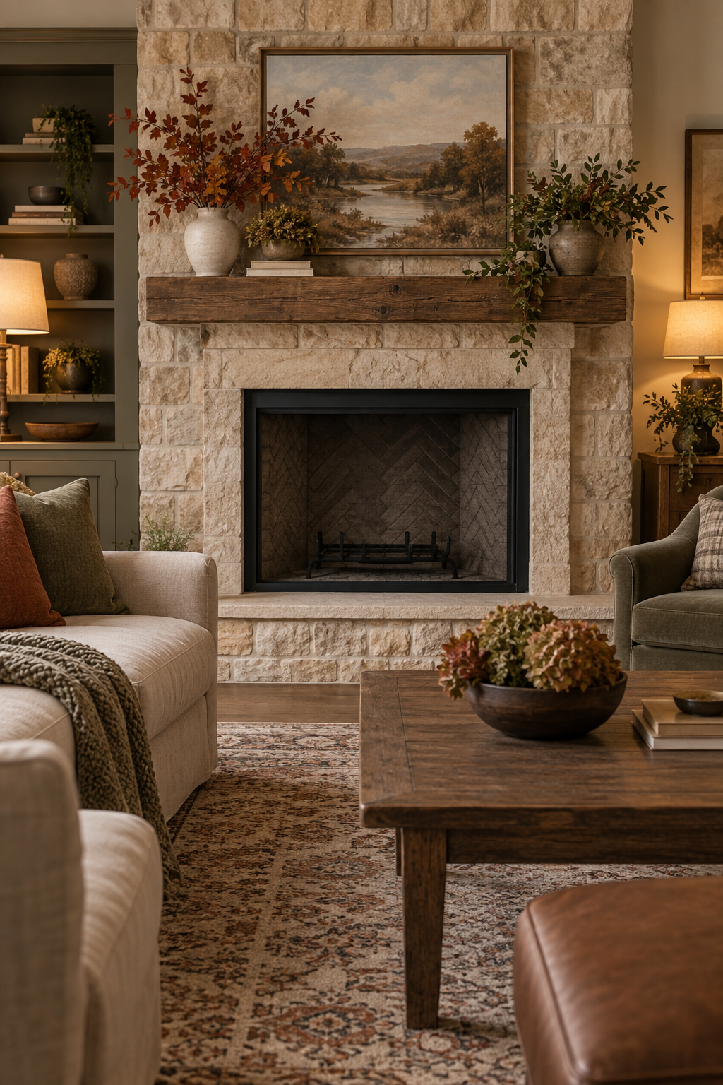 Cohesive fall mantel connected to living room decor