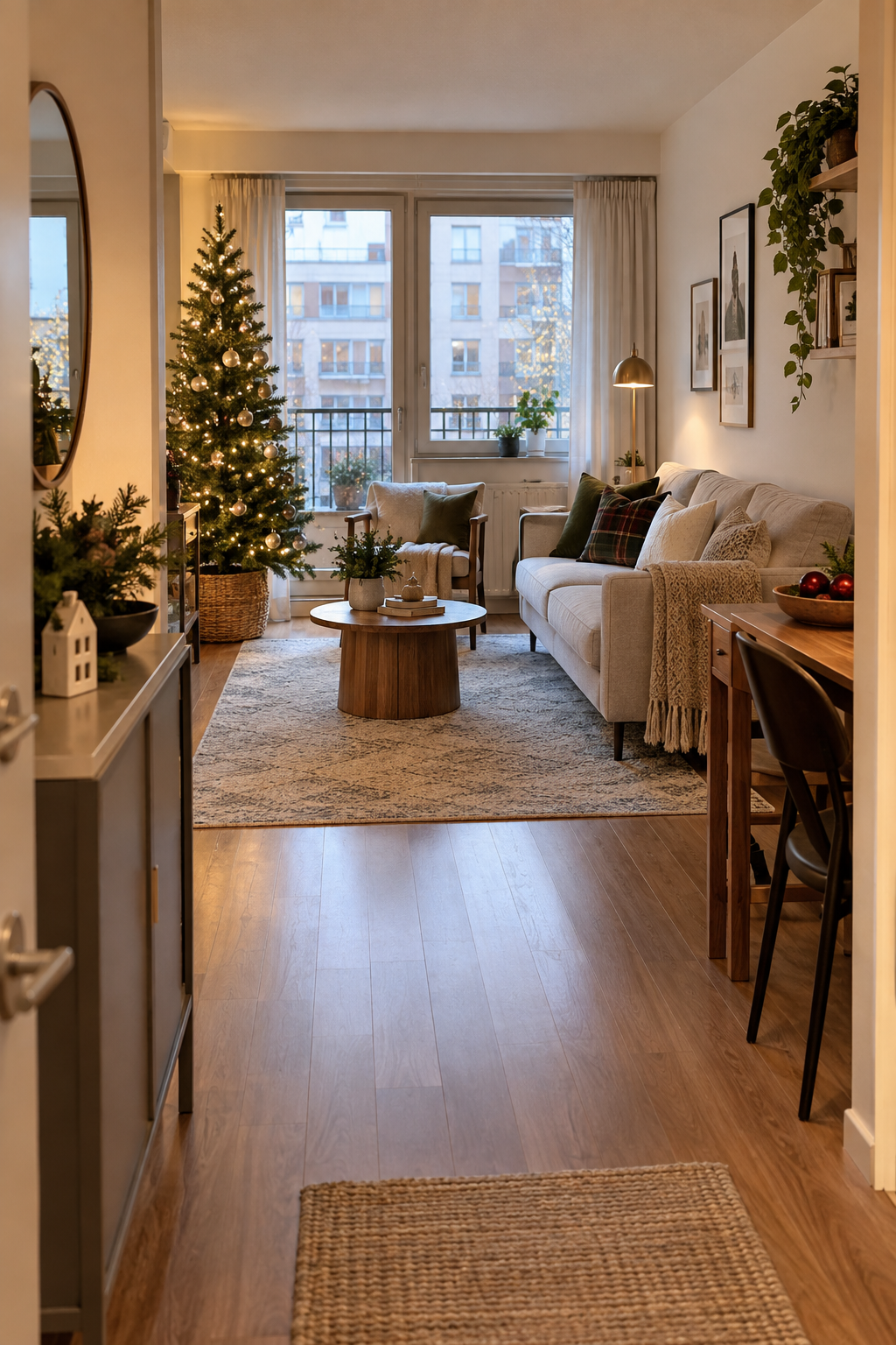 Edit small apartment Christmas decorations for breathing room