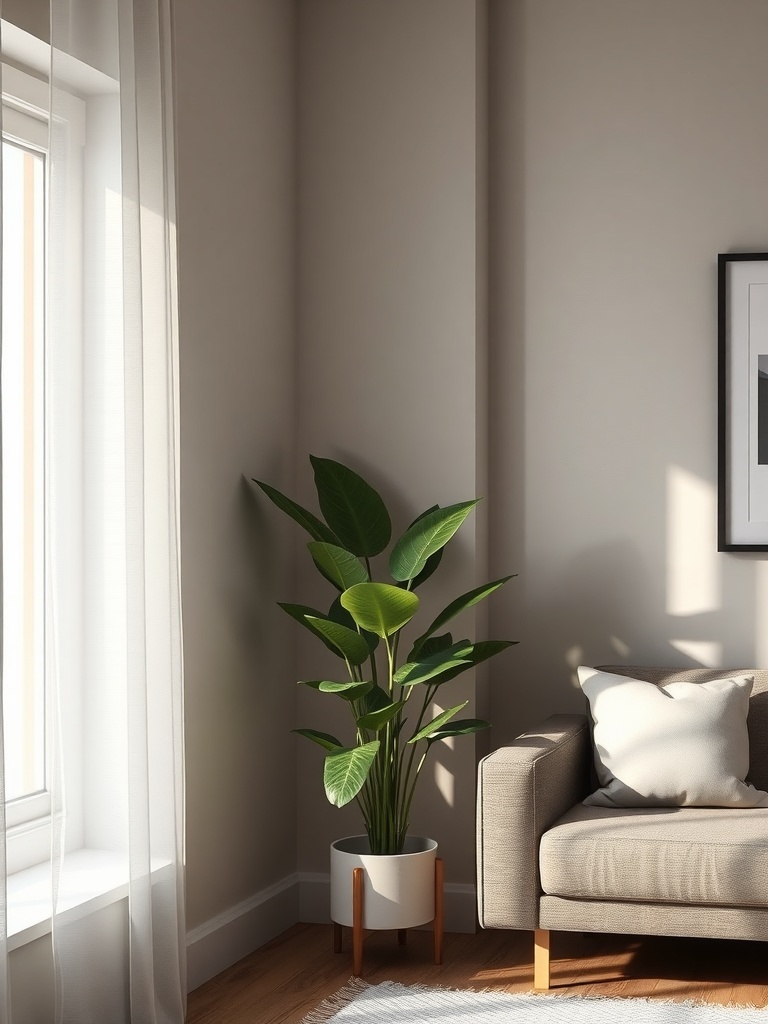 A cozy living room with a plant and a sofa, showcasing natural light and soft decor.