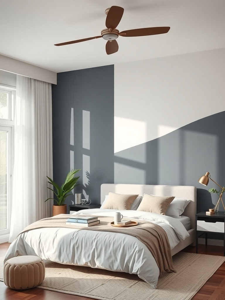 A cozy bedroom with a two-tone accent wall, featuring a bed with neutral bedding and a small plant.