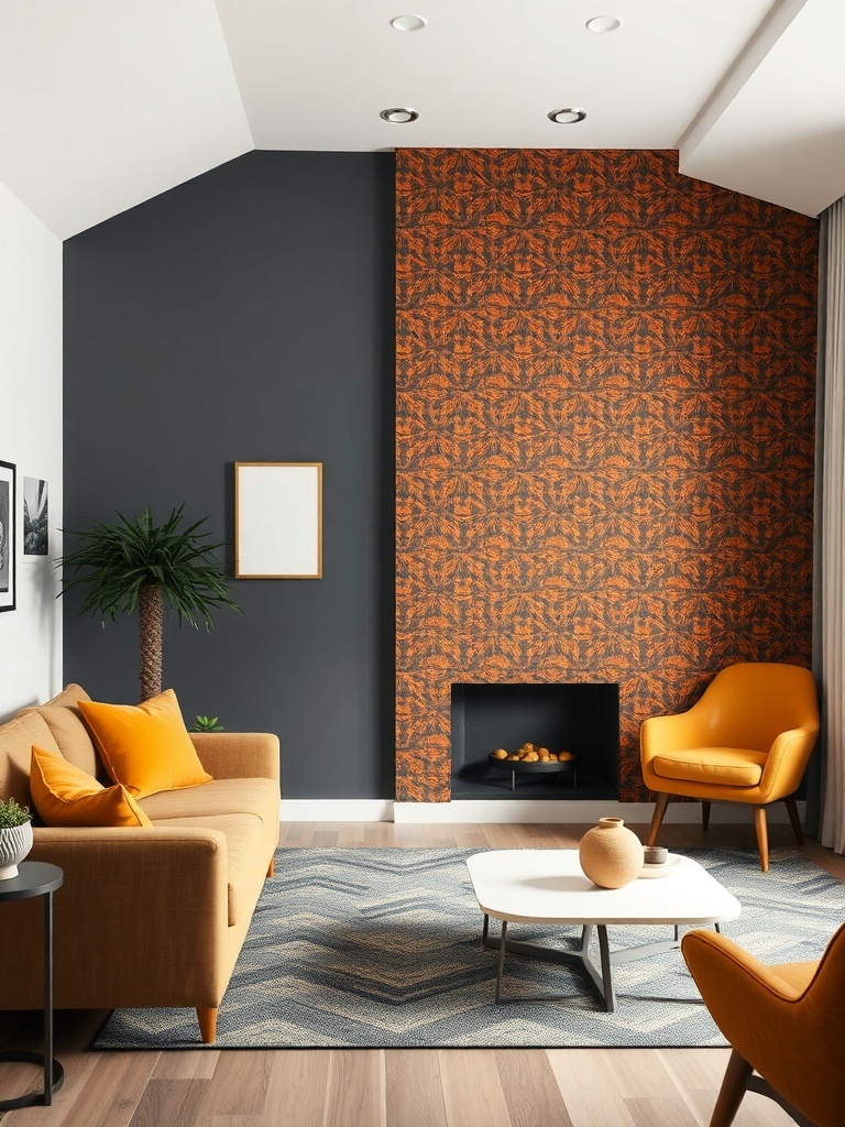 Living room with an accent wall featuring a bold orange pattern and a dark gray wall.